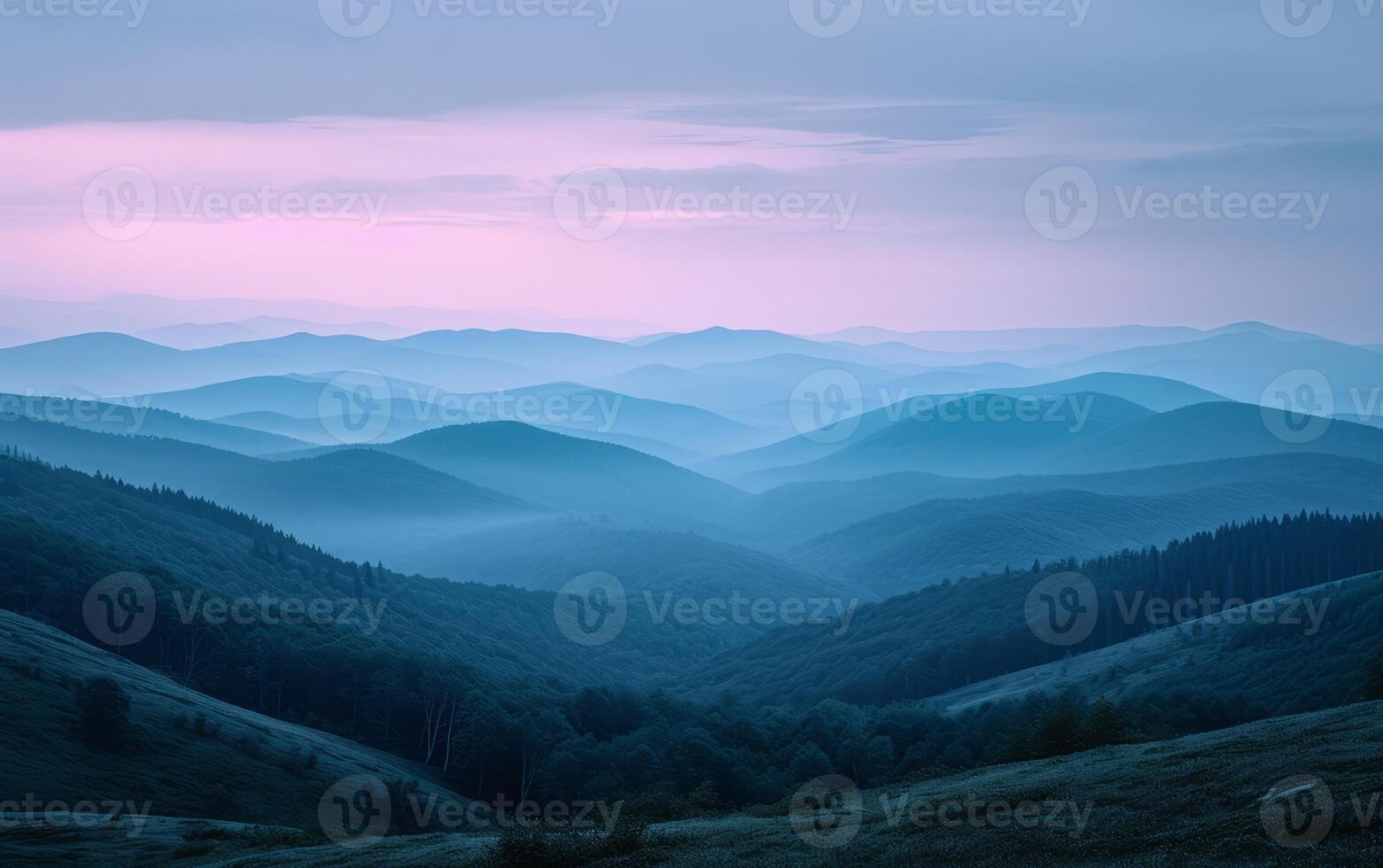 AI generated Sunset Over Misty Blue Mountains and Forest photo