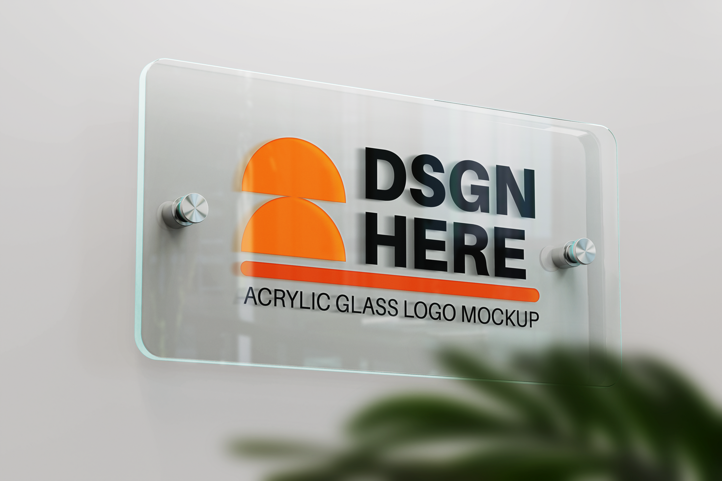 rounded horizontal rectangle acrylic glass logo plate realistic editable mockup mounted on wall interior psd