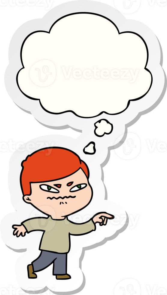 cartoon angry man pointing with thought bubble as a printed sticker png