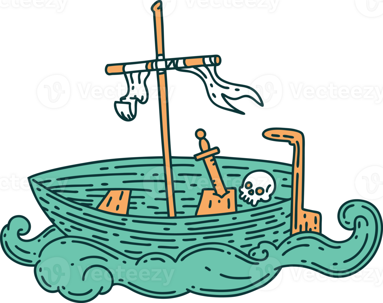 ilustración de un barco vacío estilo tatuaje tradicional con calavera png