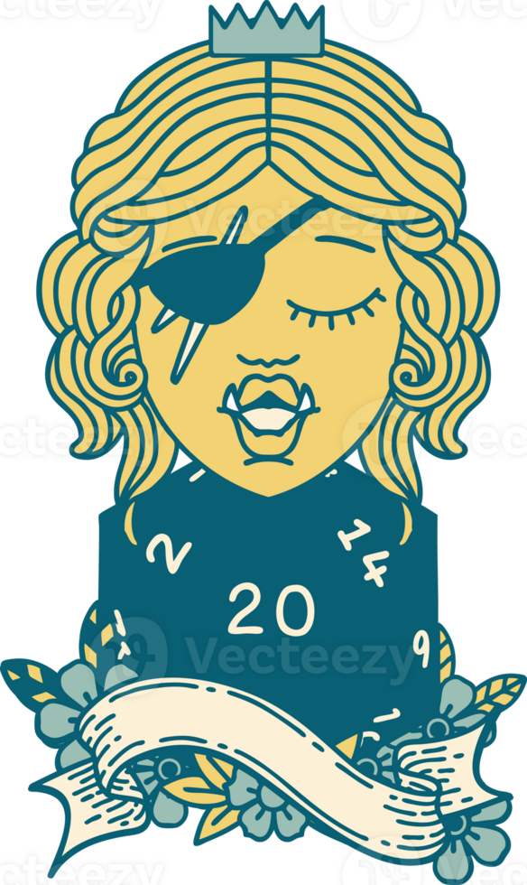 Retro Tattoo Style orc rogue character with natural twenty dice roll png
