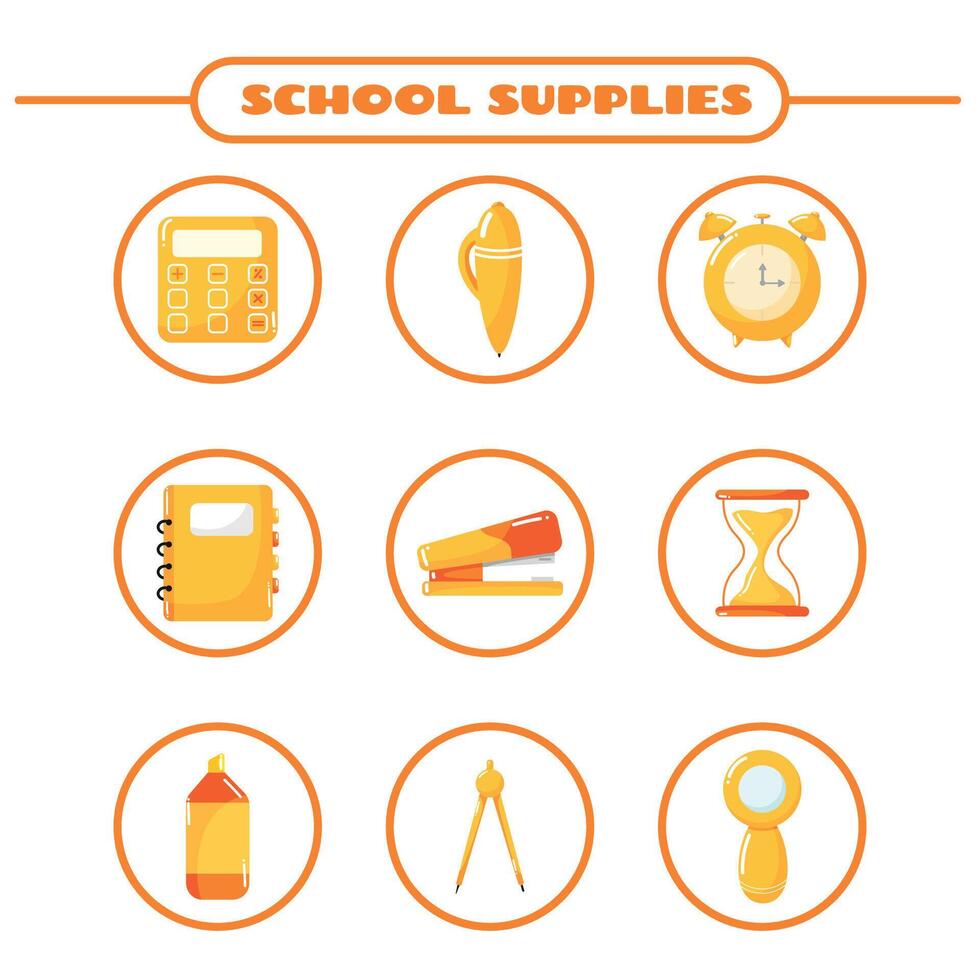 School supplies set. Back to school elements. Vector flat illustration in hand drawn style