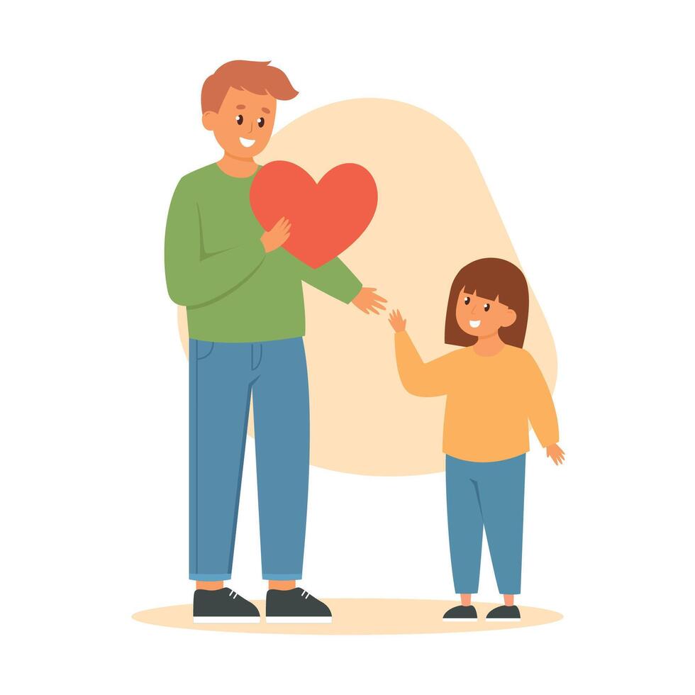 Dad donate heart to a child. Adopted girl with father. Love, family time. Donation vector