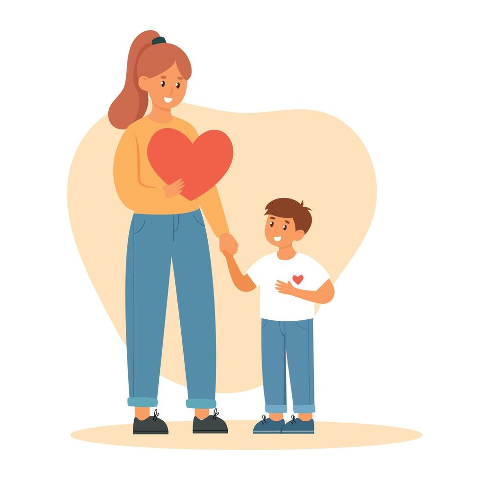 Mum gave love to a child. Adopted boy with mother. Love, family time. Donation vector