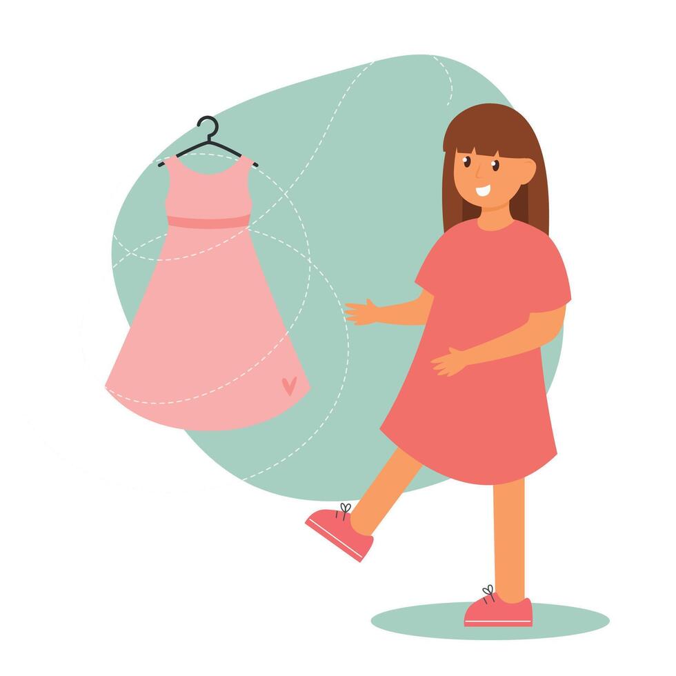 Girl chooses dress for her birthday party. Pink dress hanging on a hanger with cute heart. Vector illustration