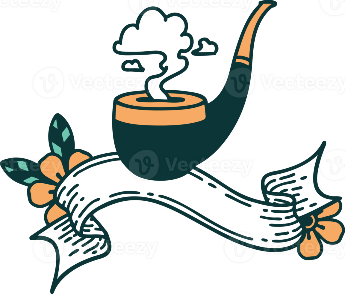 traditional tattoo with banner of a smokers pipe png