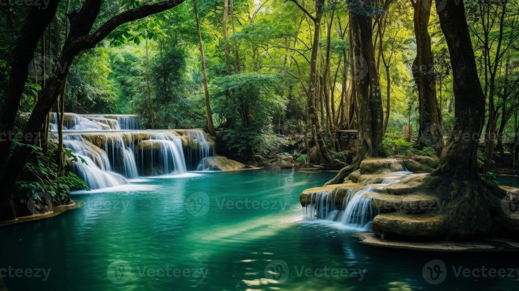 ai generado encantador cascada en lozano tropical bosque foto