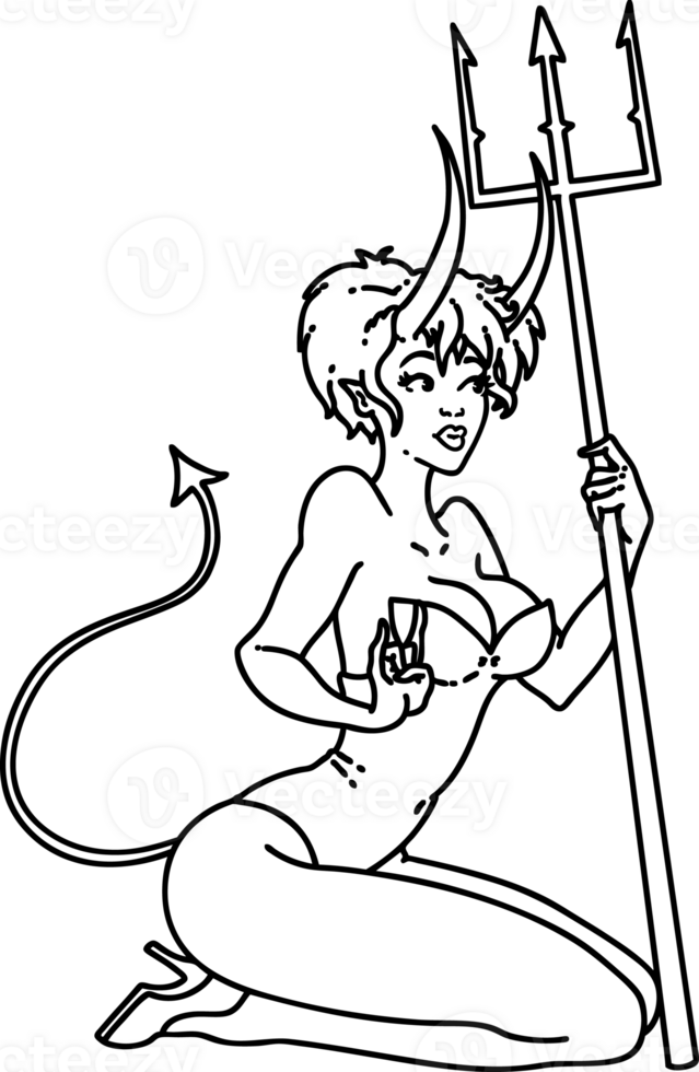 tatoeëren in zwart lijn stijl van een vastpinnen duivel meisje png