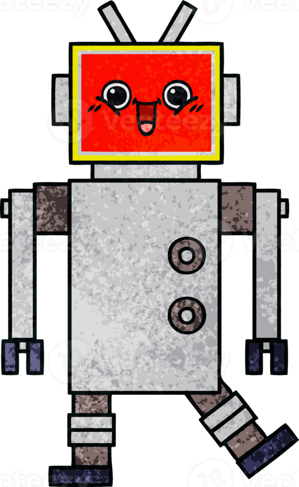 retro grunge texture cartoon of a happy robot png