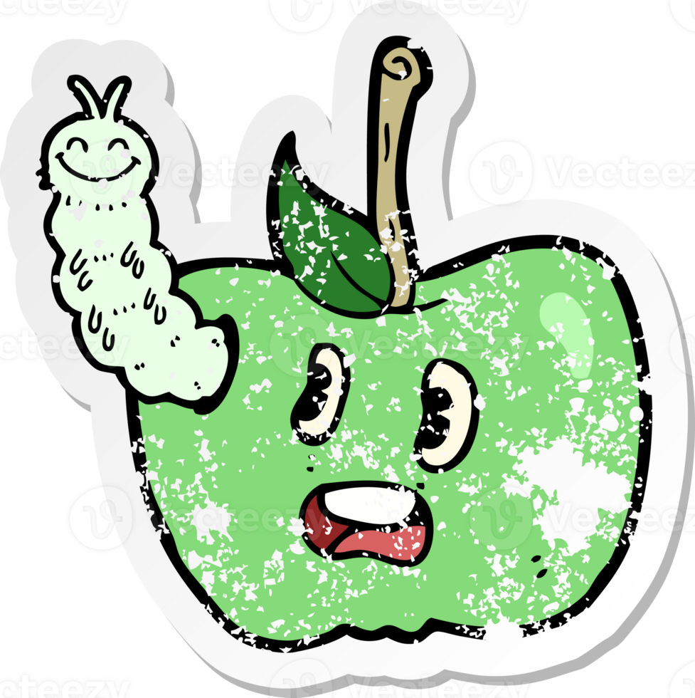 retro distressed sticker of a cartoon apple with bug png