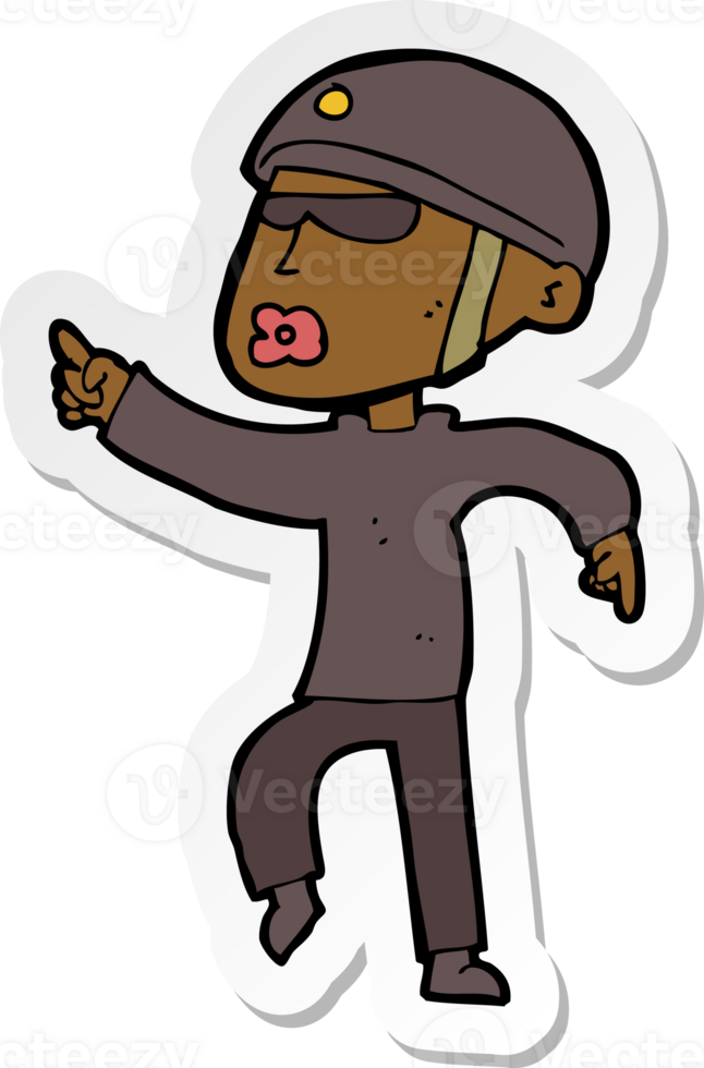 sticker of a cartoon man in bike helmet pointing png