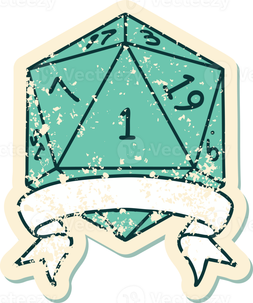 Retro Tattoo Style natural one d20 dice roll png