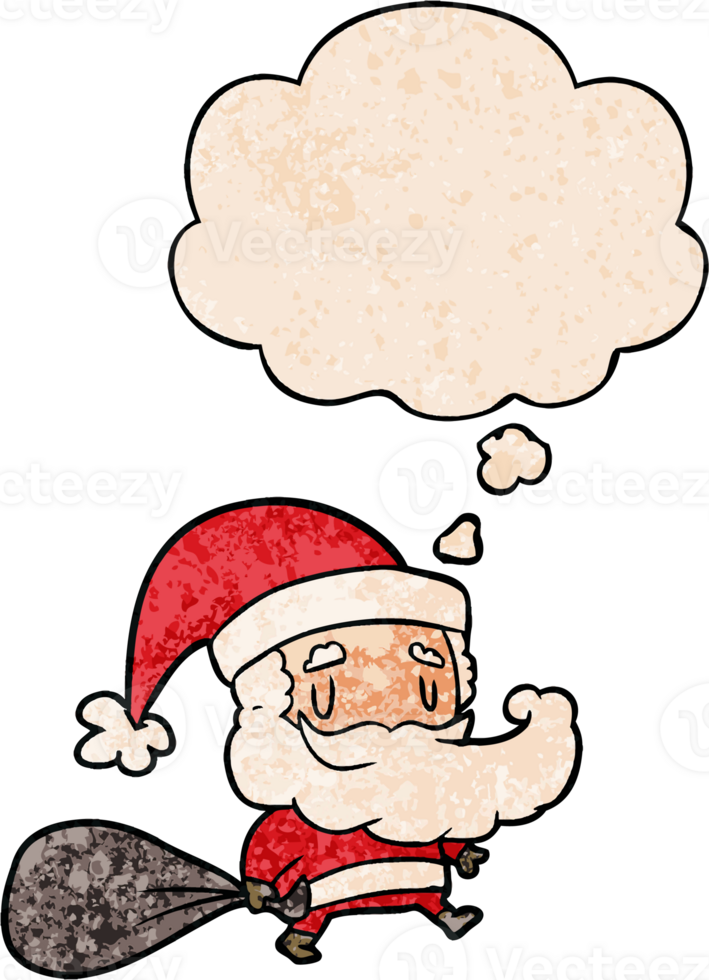 cartoon santa claus with sack with thought bubble in grunge texture style png