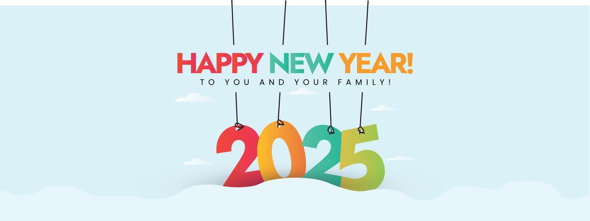 2025. Happy New Year 2025 banner. 2025 celebration banner with colourful hanging numbers 2, 0, 2 and 5. New year 2025 celebration banner and social media poster with light cyan background. vector