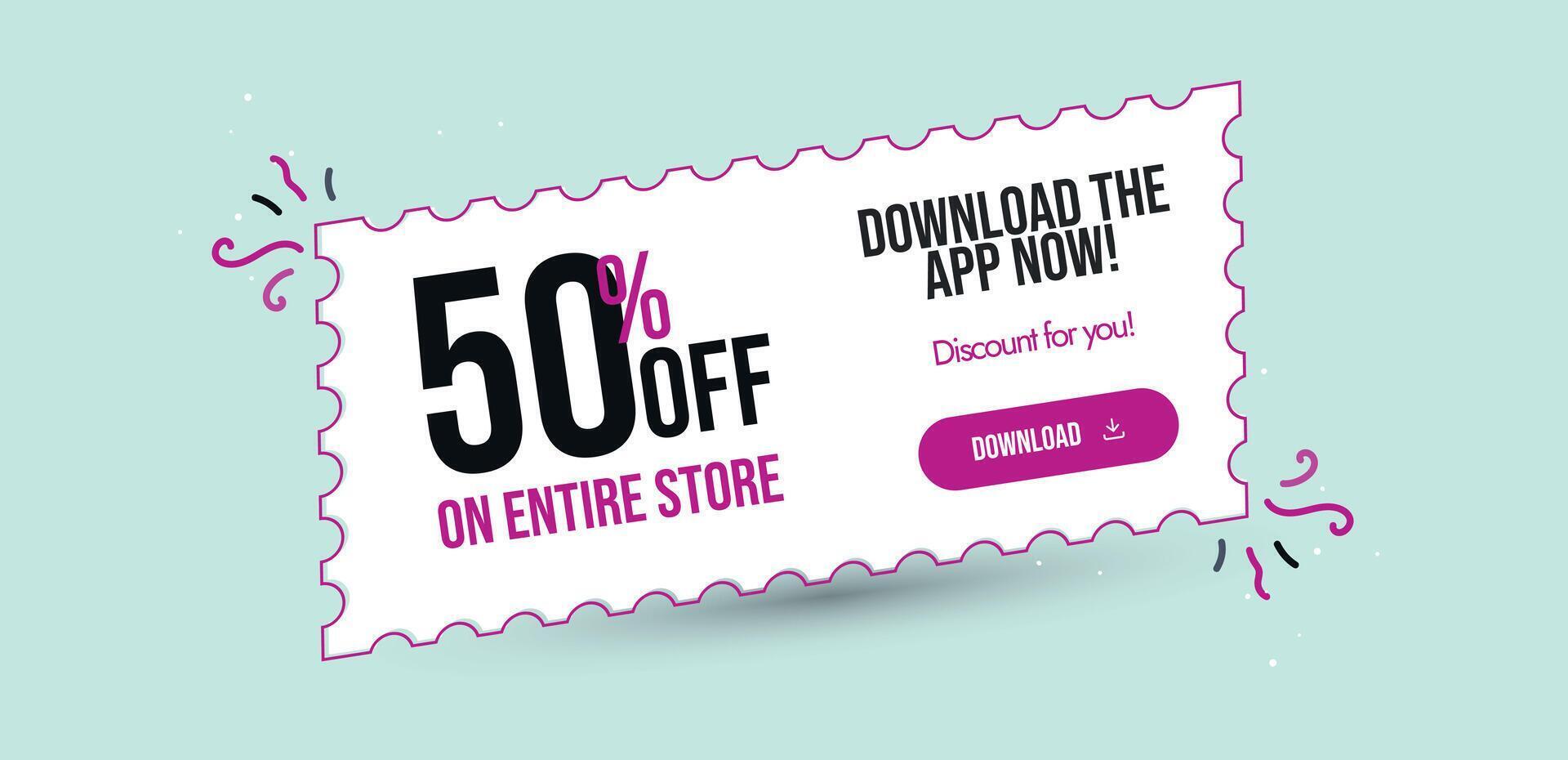 50 percent Discount coupon on entire stock, download the app now. Mega sale announcement banner with Fifty percent discount coupon. Big sale and mega sale discount coupon. special offer banner voucher vector
