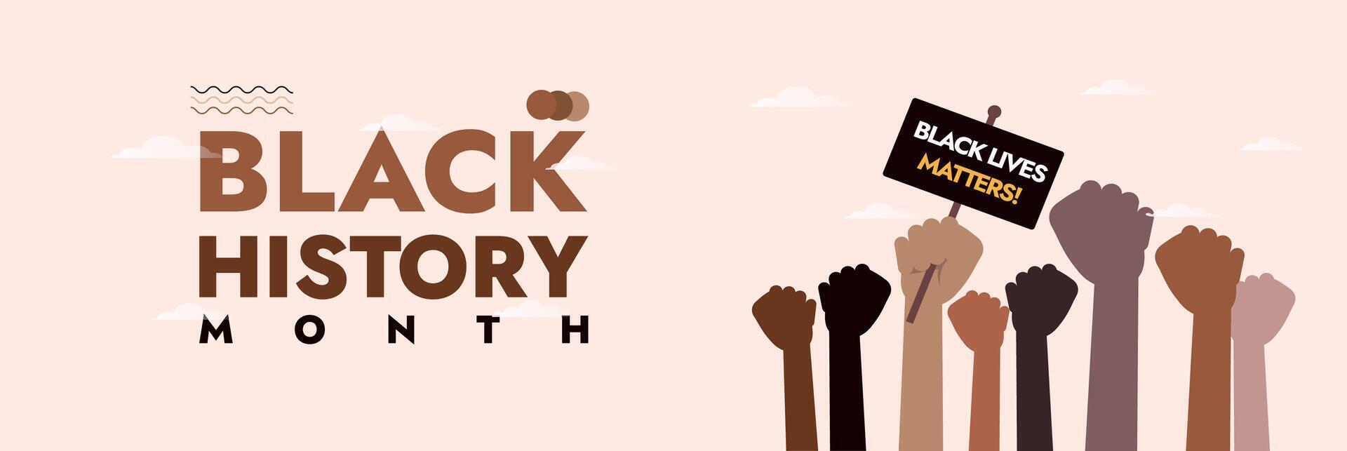 Black Lives Matter. Multiracial human hands raised with sign boards for black history month on a light background cover banner. Black People Rights, diversity, and human rights. Black History Month vector
