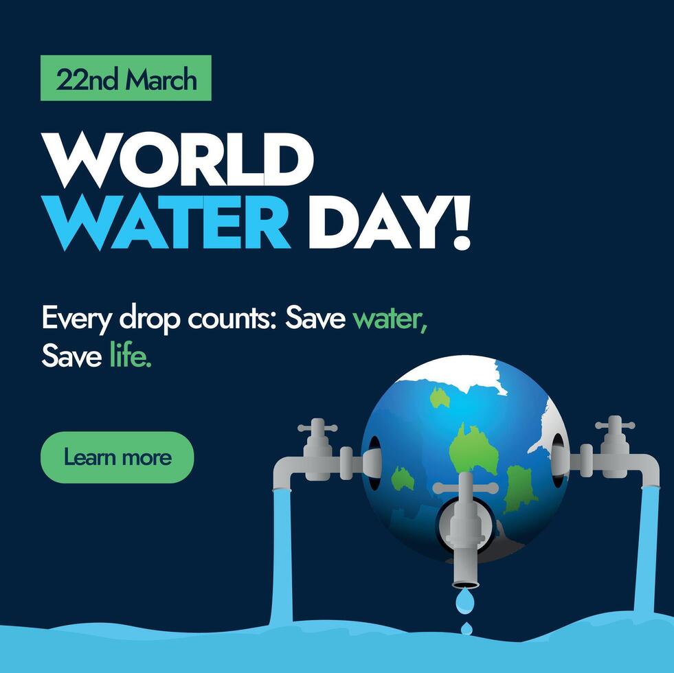 World water day. March 22, World Water Day celebration banner in dark blue background with earth globe and three taps on it. Saving water, leakage concept. Social media Vector post