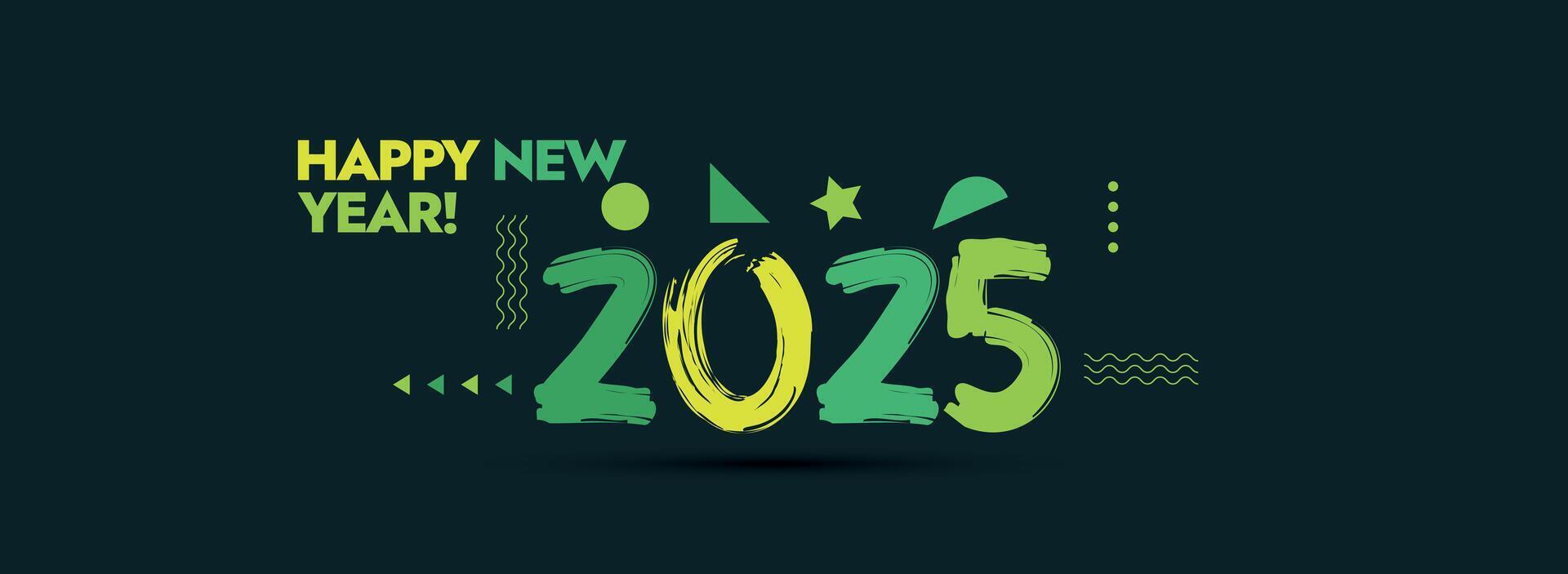 contento nuevo año 2025 cubrir bandera. nuevo año 2025 cubrir en oscuro verde antecedentes. 2025 escrito en pintar carrera en amarillo verde y aceituna verde color. nuevo año 2025 celebracion cubrir bandera modelo vector