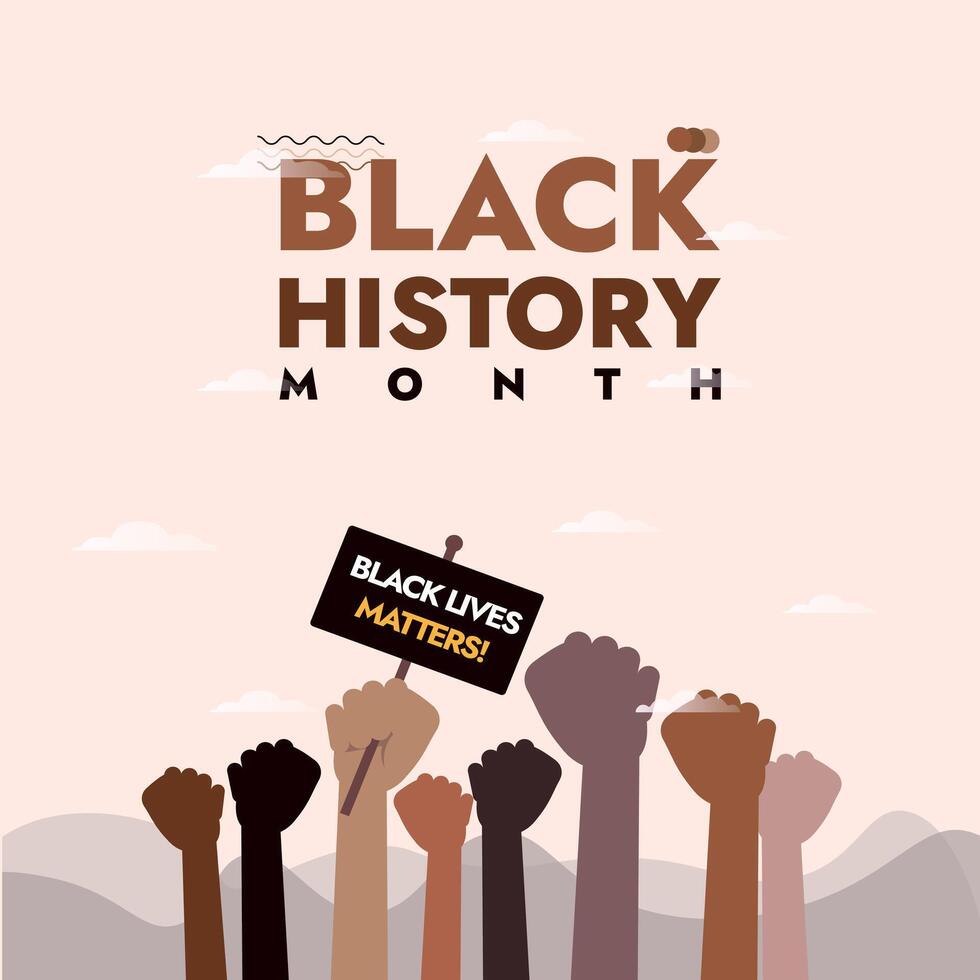 negro historia mes con diferente negro personas manos participación señales de negro vive asuntos. social medios de comunicación póster, tarjeta, celebracion deseo en vector ilustración. negro personas derechos. diversidad 2024