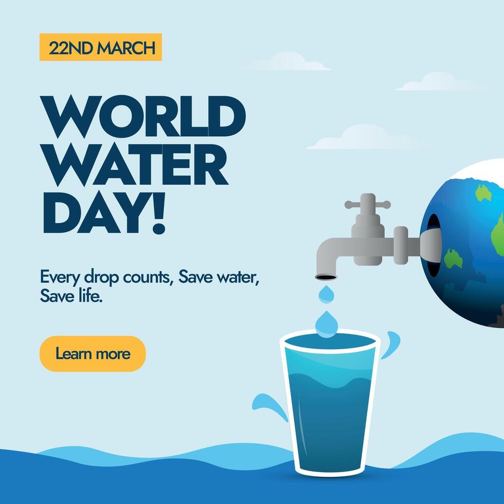 World Water Day. March 22, World Water Day celebration banner, post with earth globe having tap on it and water coming from tap into the glass. Importance of saving water awareness banner, card idea vector