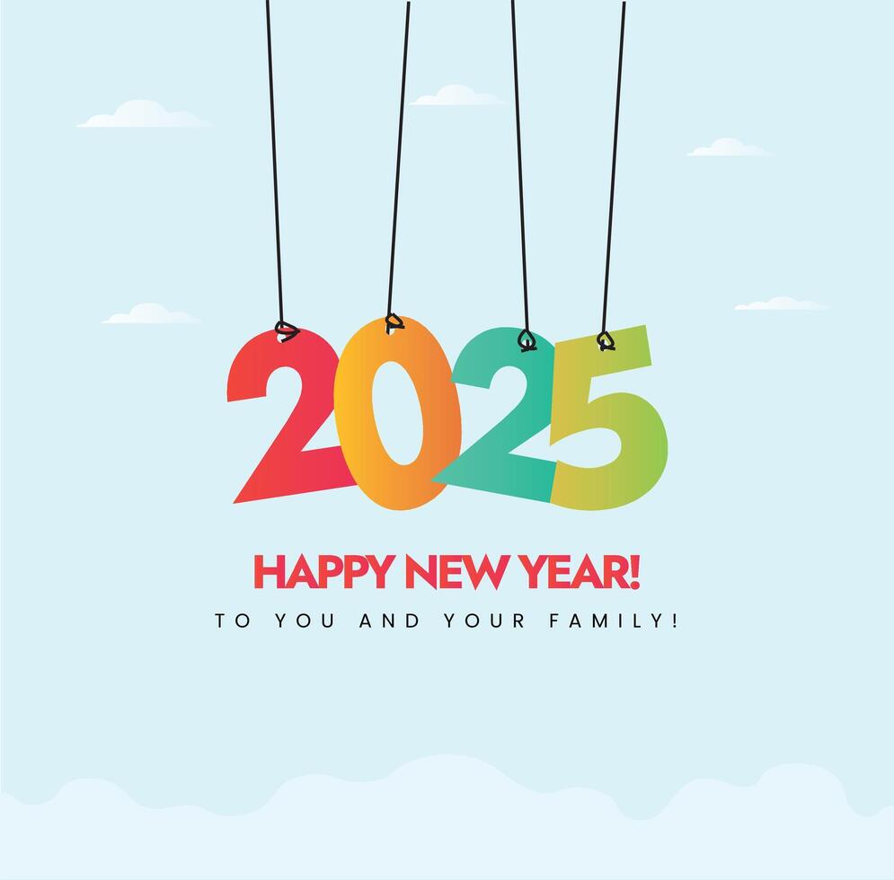 2025. Happy New Year 2025 banner. 2025 celebration banner with colourful hanging numbers 2, 0, 2 and 5. New year 2025 celebration banner and social media post with light cyan background vector