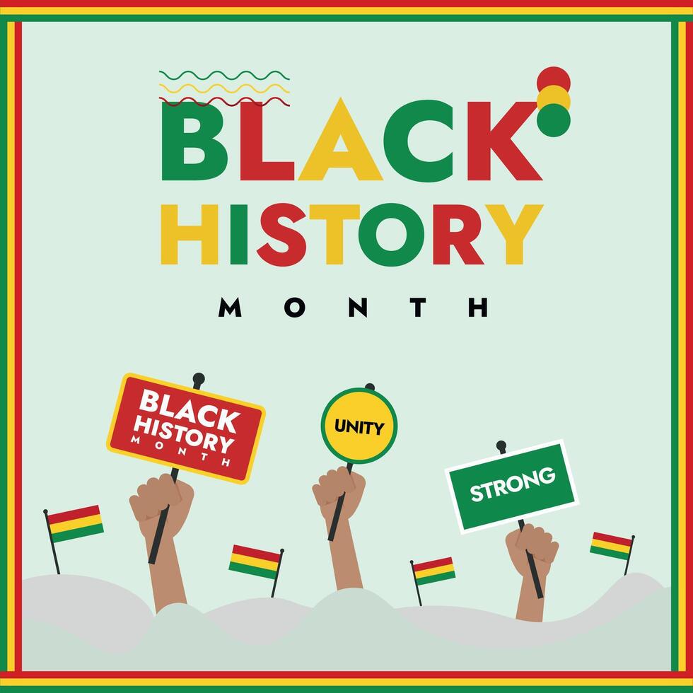 Black history month post people holding flags and sign boards with black lives matter and unity written. Black people rights protest. African American Rights. Flag of black people. Vector Illustration