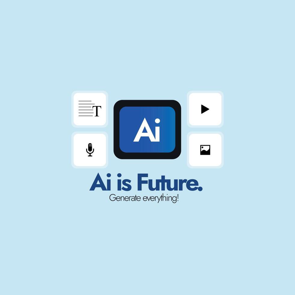 AI is future, generate everything. AI content generation concept. Artificial intelligence generative tools concept with icons of chatbots, image creation, music production, video making. vector