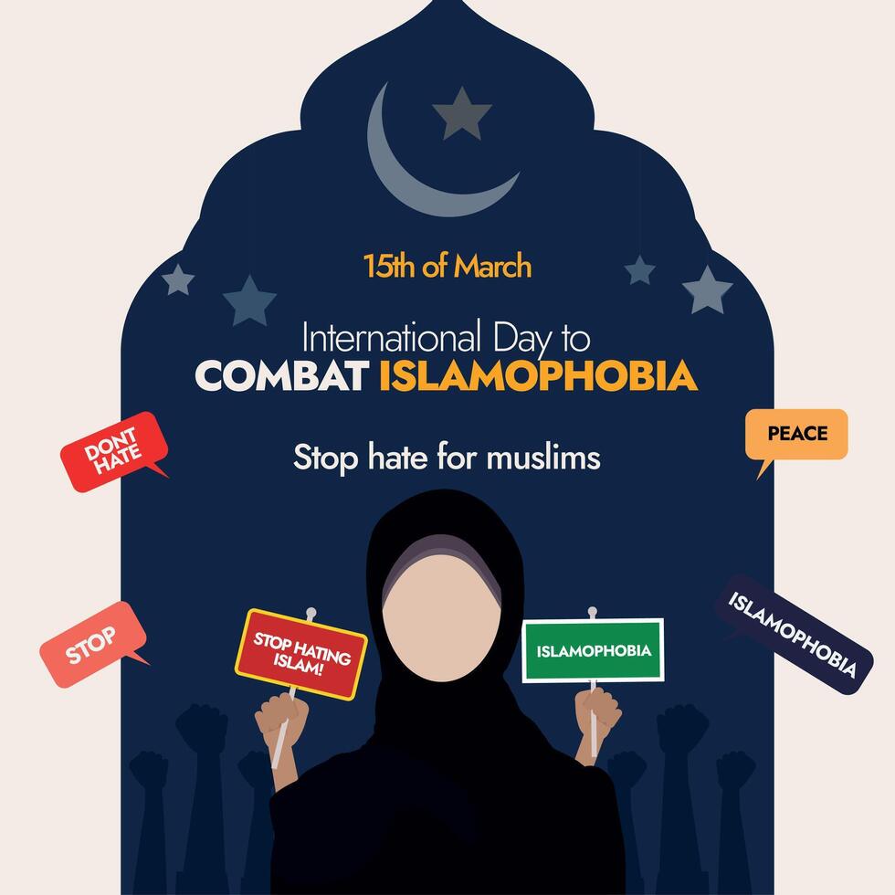 internacional día a combate islamofobia.15 marzo, internacional día a combate islamofobia bandera con un musulmán niña vistiendo hiyab, manos en el antecedentes participación pancartas de detener odiando islam, detener vector