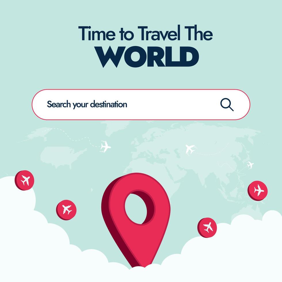 Travel the world, search you destination. Travel agency, company promotion banner with location icons for destination and airplane icons. World tour concept. Travelling advertising social mediapost vector