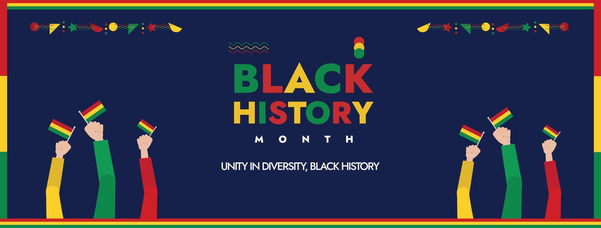 Black History Month, Black lives matter, poster, cover with hands holding flags and protesting for the rights. Black people rights banner with yellow, red and green colours. Unity and safety for black vector