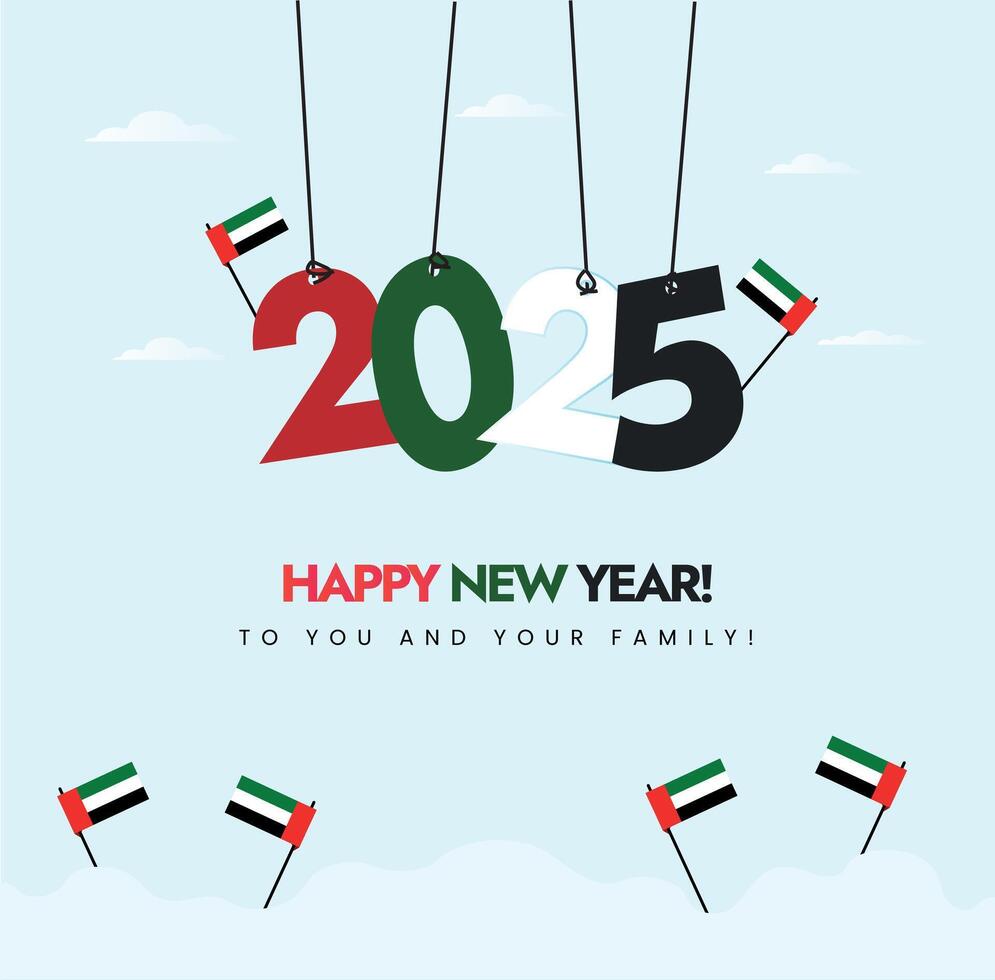 Happy New Year in Dubai, Abu Dhabi, UAE banner. 2025 banner. 2025 New year poster with United Arab Emirates colours green, red, white. UAE flags celebrating new year 2025, 2026. 2027. New year vector