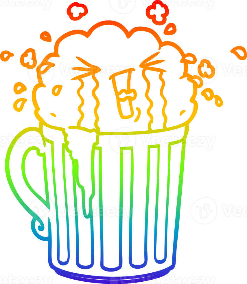 rainbow gradient line drawing of a cartoon mug of beer crying png