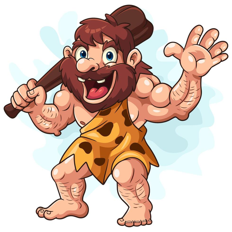 Cartoon caveman holding club and waving hand vector