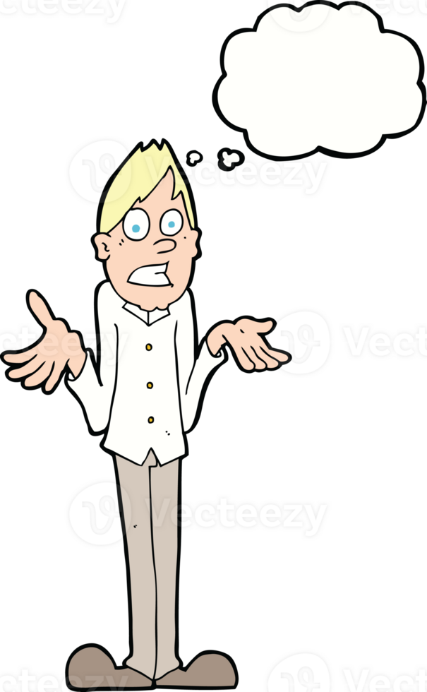 cartoon man shrugging shoulders with thought bubble png