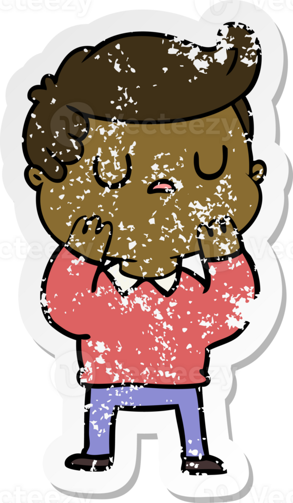 distressed sticker of a cartoon aloof man considering png