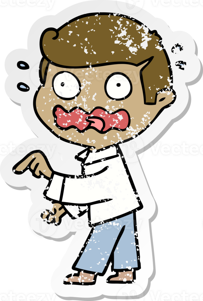 distressed sticker of a cartoon stressed out pointing png
