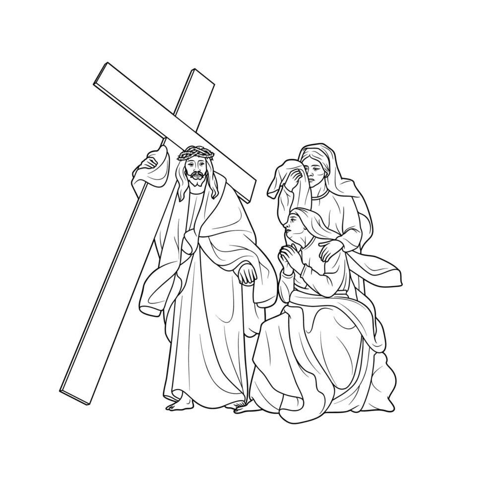 8th Station of the Cross Jesus consoles the women of Jerusalem Vector Illustration Monochrome Outline