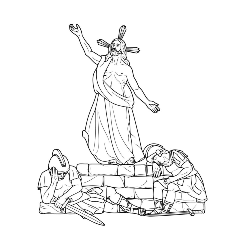 15th Station of the Cross Jesus Christ resurrects on the third day Vector Illustration Monochrome Outline