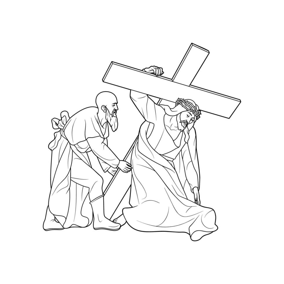 5to estación de el cruzar Simón de cirene ayuda Jesús llevar el cruzar vector ilustración monocromo contorno