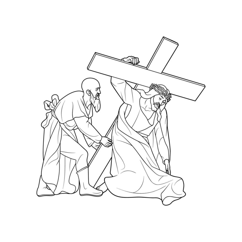 5th Station of the Cross Simon of Cyrene helps Jesus carry the cross Vector Illustration Monochrome Outline