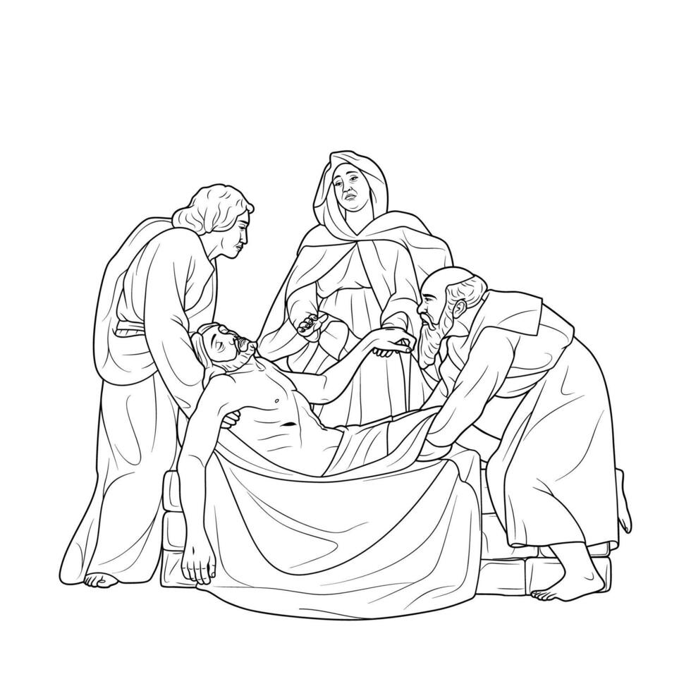 14th Station of the Cross Jesus Christ is buried in the tomb Vector Illustration Monochrome Outline
