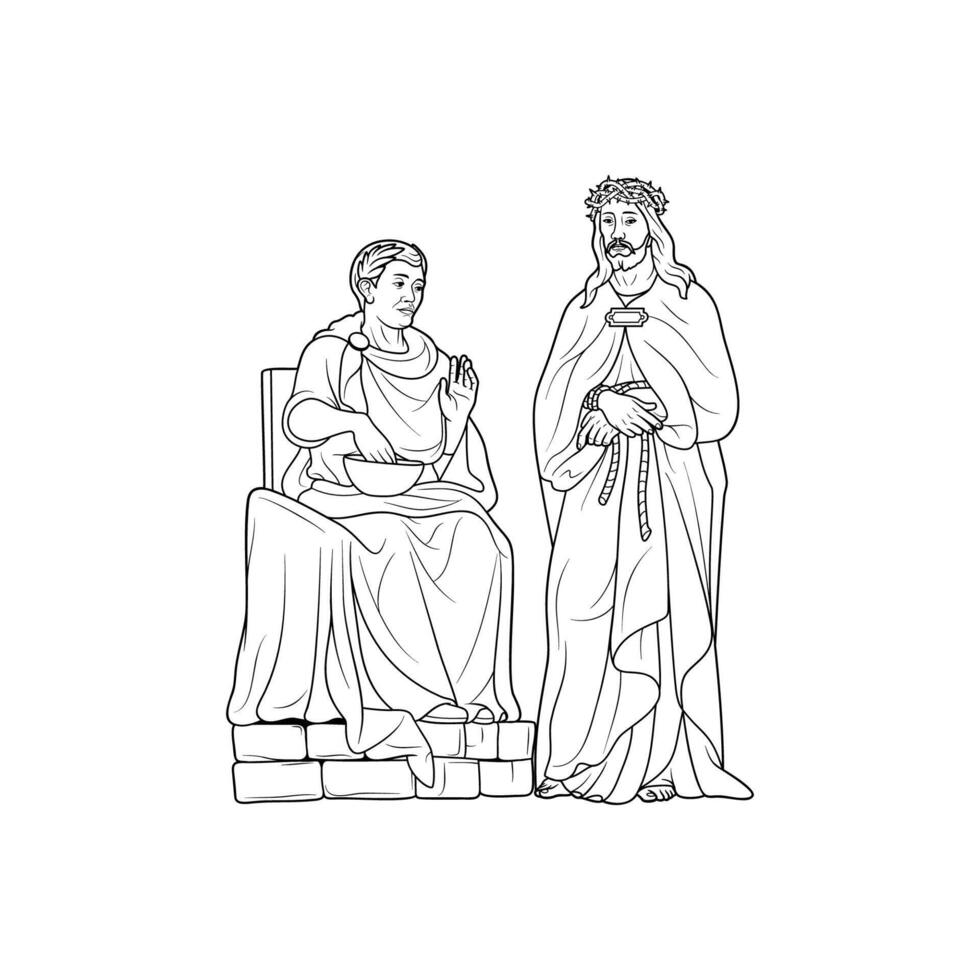 1st Station of the Cross Jesus is condemned to death by Pilate Vector Illustration Monochrome Outline