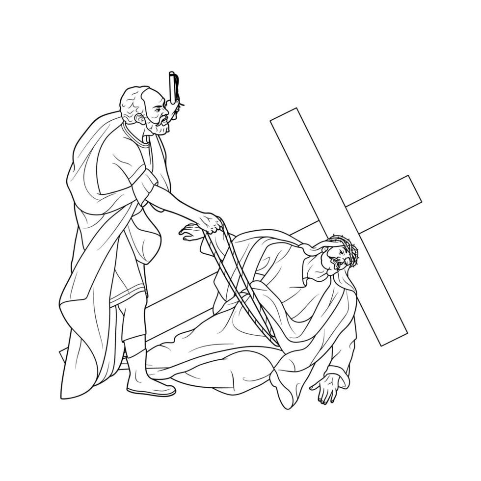 7th Station of the Cross Jesus Christ falls for the second time Vector Illustration Monochrome Outline