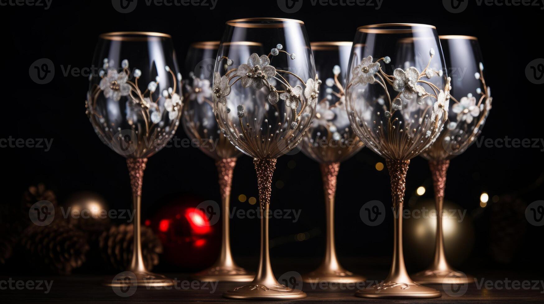 AI generated Decorative Wine Glasses, Christmas, Holiday Ambiance photo