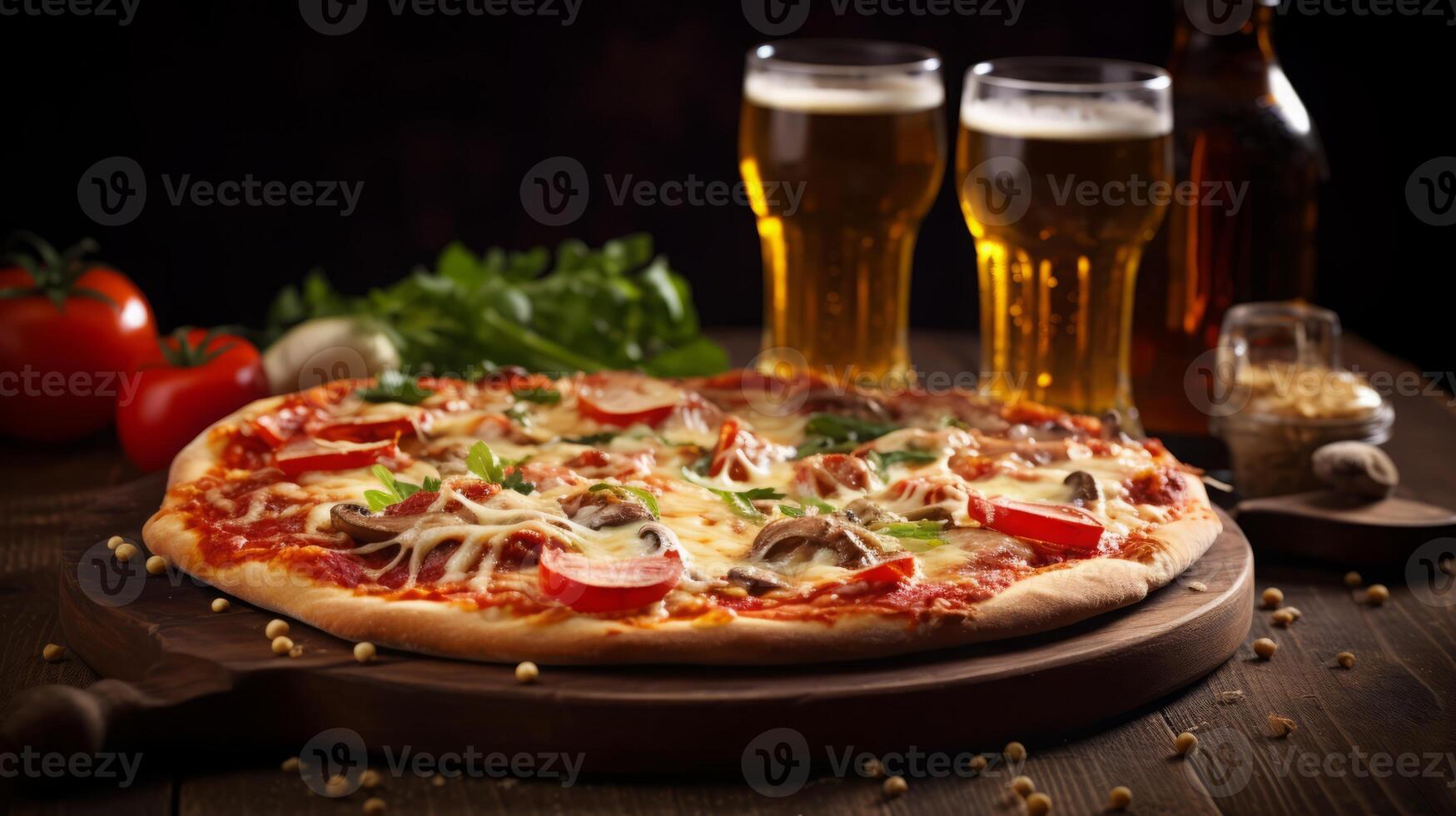 AI generated Pizza and Beer on Wooden Table photo
