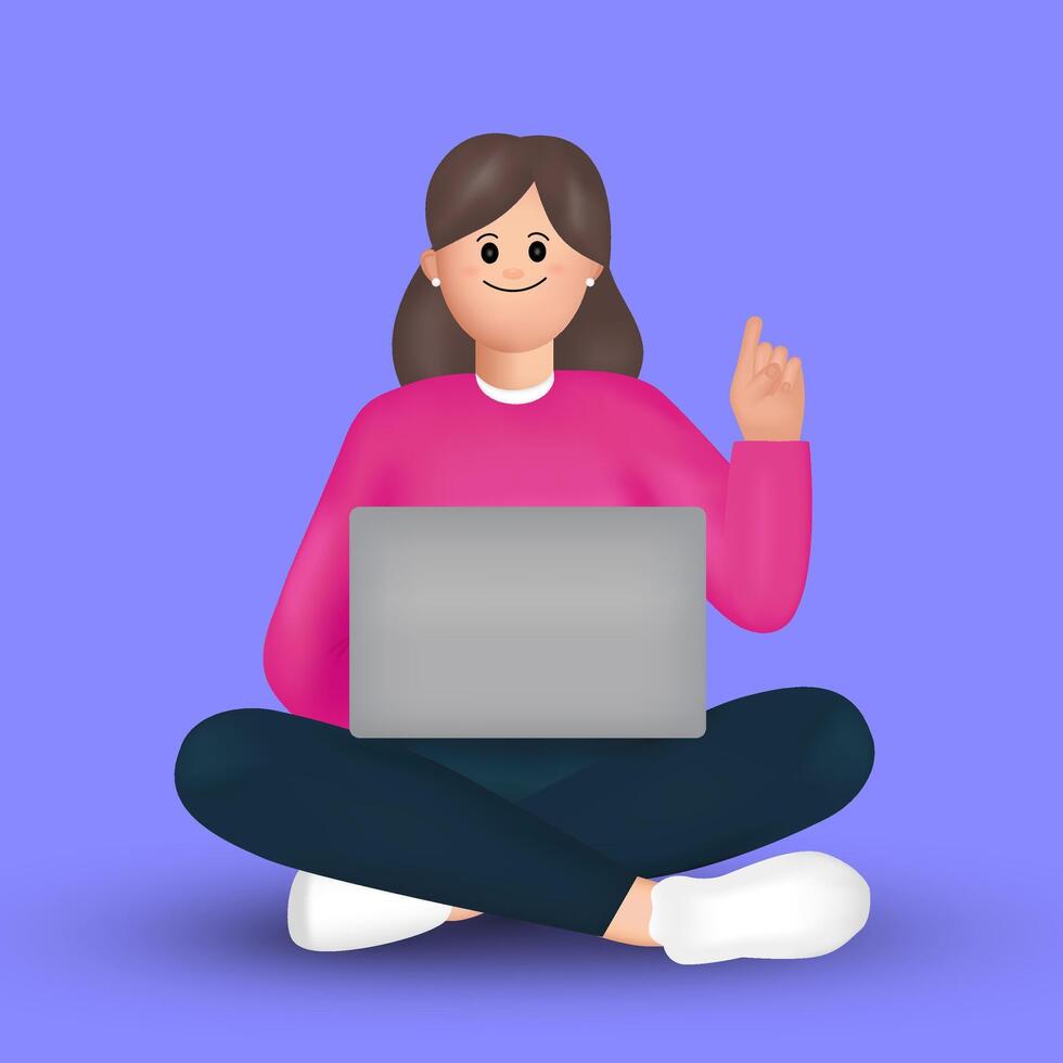 Cute girl sitting with laptop in lotus position with finger up 3d illustration vector