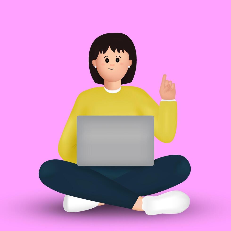 Cute girl sitting with laptop in lotus position with finger up 3d illustration vector