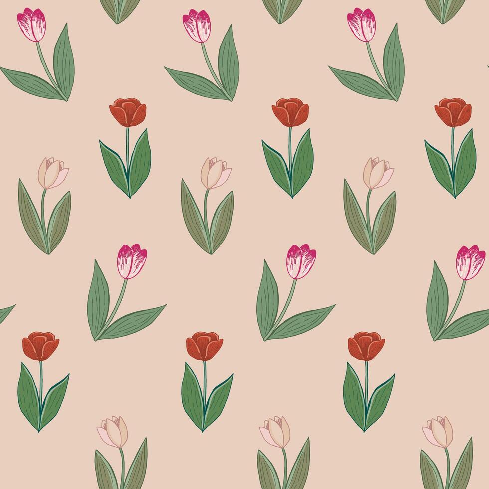Tulips spring flowers vector seamless pattern.