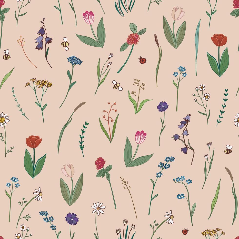 Spring flowers vector seamless pattern.