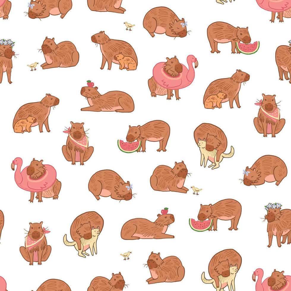 Capybara cute animal vector seamless pattern.